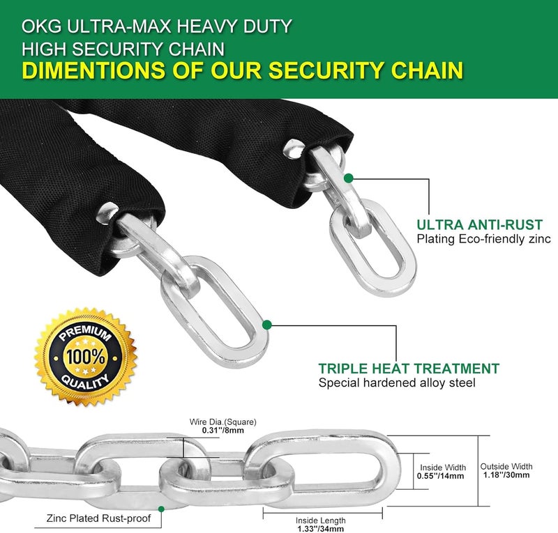 OKG Heavy Duty Security Chain - 10 Foot x 5/16” Thick Square Security Chain - Anti Theft Hardened Steel Chain for Bikes, Motorcycles, 2 Wheeled Vehicles, Industrial Property - Image 4
